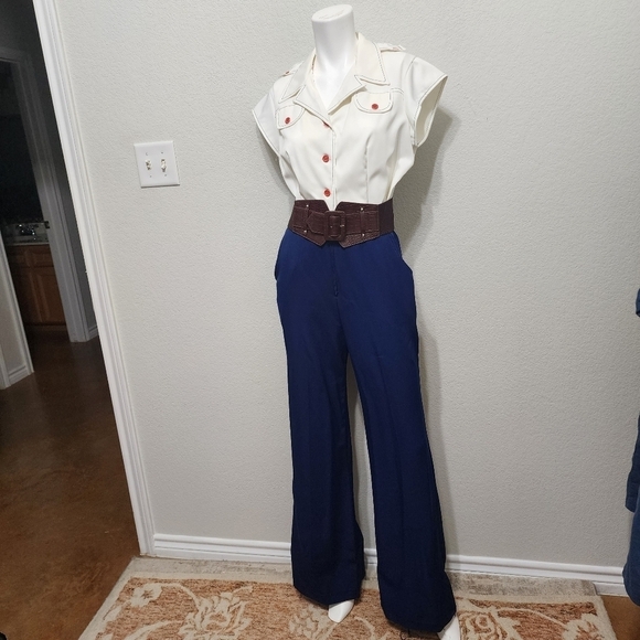 wiggle worm Pants - Vintage Wiggle Worm Blue White Jumpsuit Size 13